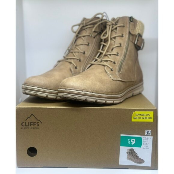 NIB Cliffs By White Mountain Lace-Up Boots Knit Cuff Ladies Natural Tan SZ 9M - Picture 1 of 10